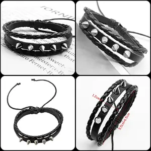 4 Pcs Leather Studded Bracelets for Women, Mens Spiked Punk Rock Grunge Cuff Wristbands Emo Accessories Set for 80s 90s Outfits