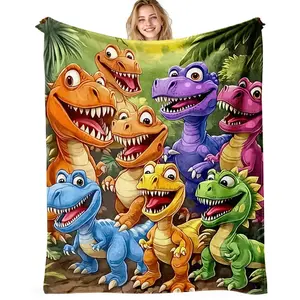 Cartoon Colorful Dinosaur Flannel Blanket, Soft Warm Boy Girl Dinosaur Cover, Perfect for Sofa Bed Car Office Camping Travel Gift, Blankets for Sofa