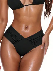 BKINI Women's Solid Color Ruched V-Shaped Bikini Bottom