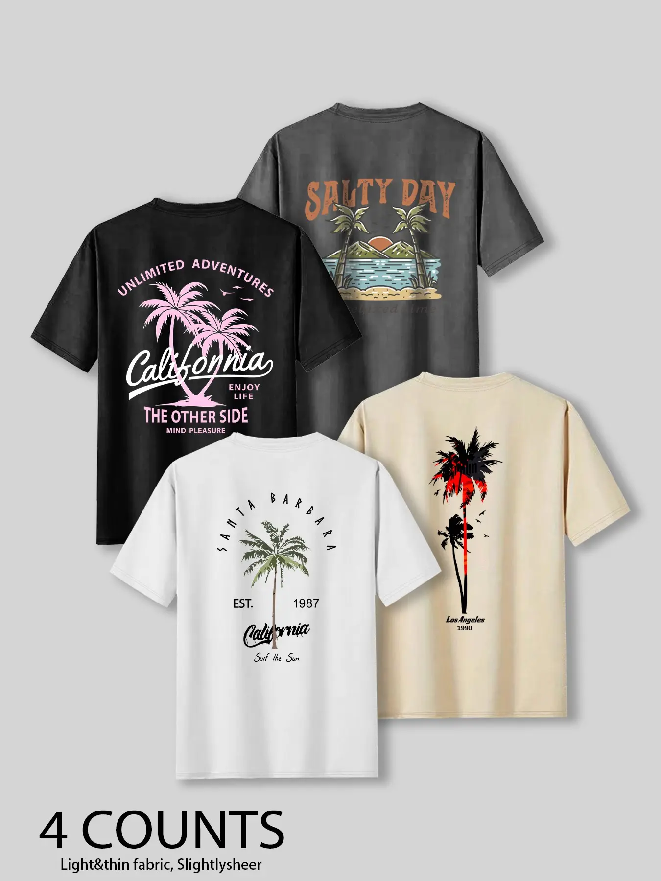 Summer Casual Tropical Style Coconut Tree Print Top, Unisex Fashion Short Sleeve T-Shirt (4-Pack), Comfortable Fit, Perfect for Beach & Daily Wear