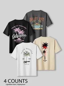 Men's Casual Vacation Style Short Sleeve T-Shirt, Coconut Tree Print, 4-Pack, Summer Daily Wear, Comfortable and Fashionable