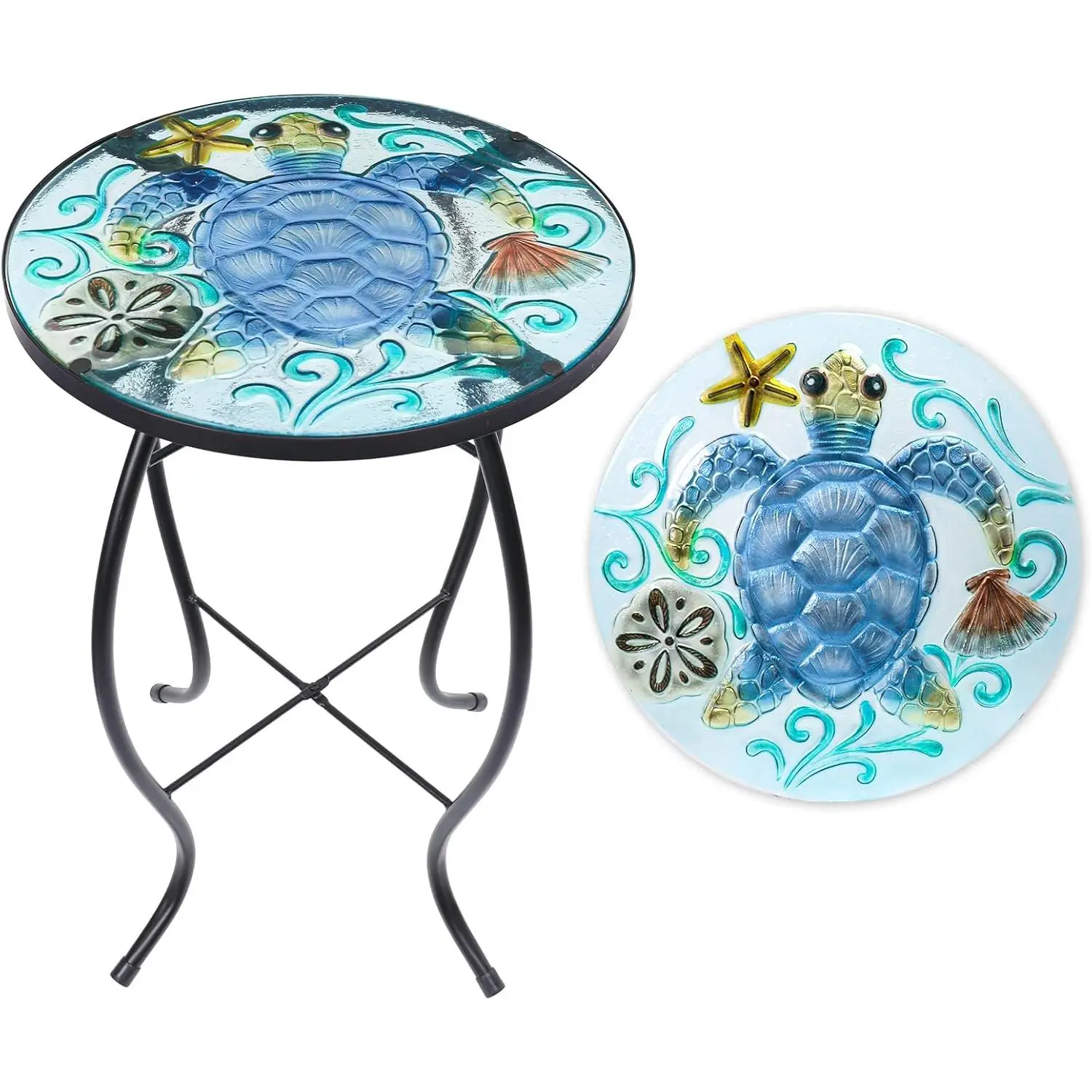 Patio Side Table Outdoor Accent Table Small Mosaic Table Coffee Table End Table Porch Table Indoor Outdoor Round Glass Balcony Bistro  Stands Blue Transparent Turtle 14 inches
