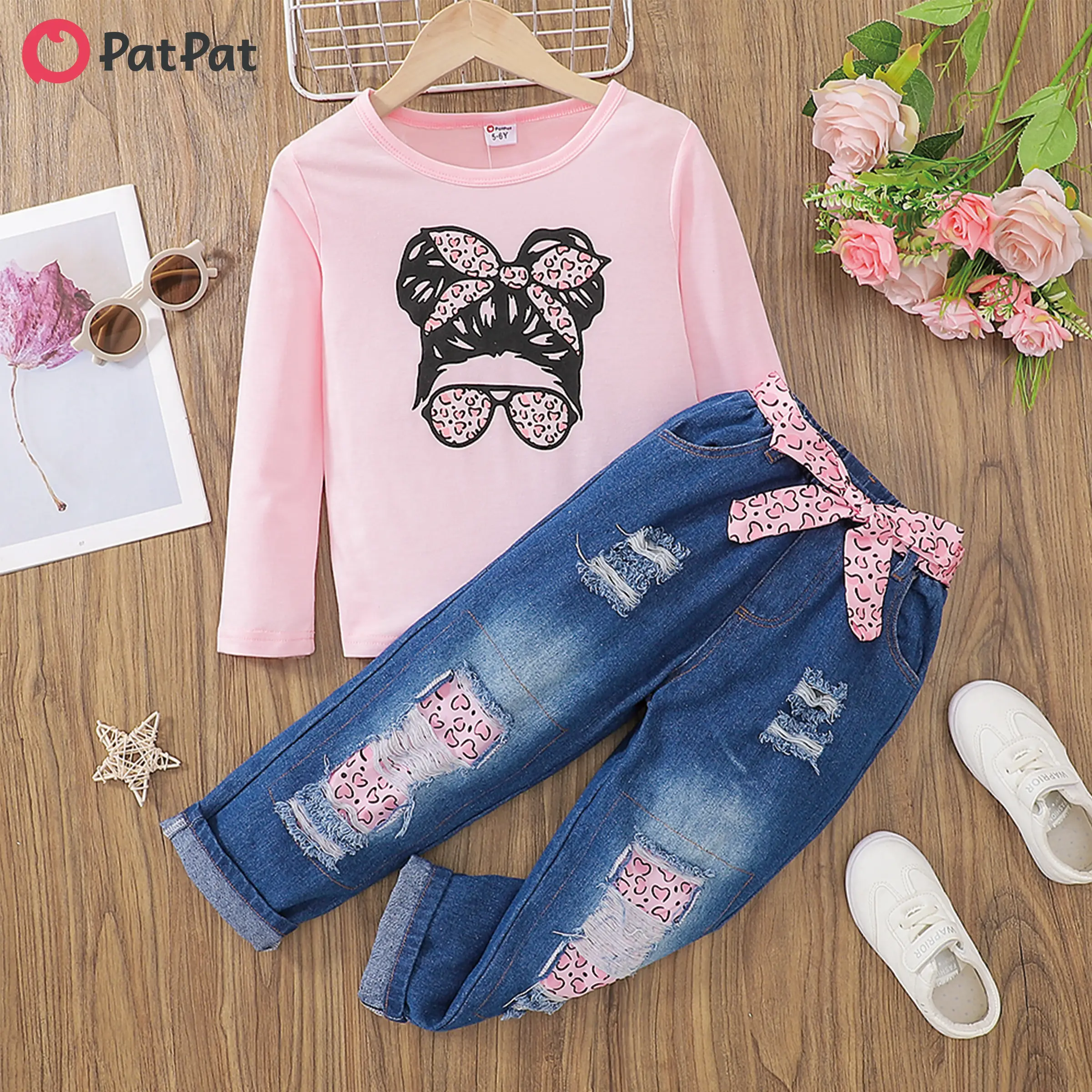 PatPat 2pcs Kid Girl Figure Print Long-sleeve Pink Tee and Belted Ripped Denim Jeans Set