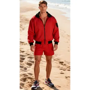 Authentic Red Lifeguard Swimsuit Top - 80s Retro Beach Party Jacket for Men's Halloween & Cosplay Events