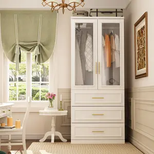 FUFU&GAGA 31.7"W Large Modular Wardrobe Storage Cloest Armoire Cabinet Glass Door
