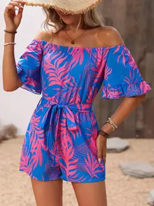 Women's Sexy One-Shoulder Short Dress, Slim-Fitting Belted Design, Plant Pattern Print, Casual Summer Fashion, Perfect for Daily Wear, Womenswear