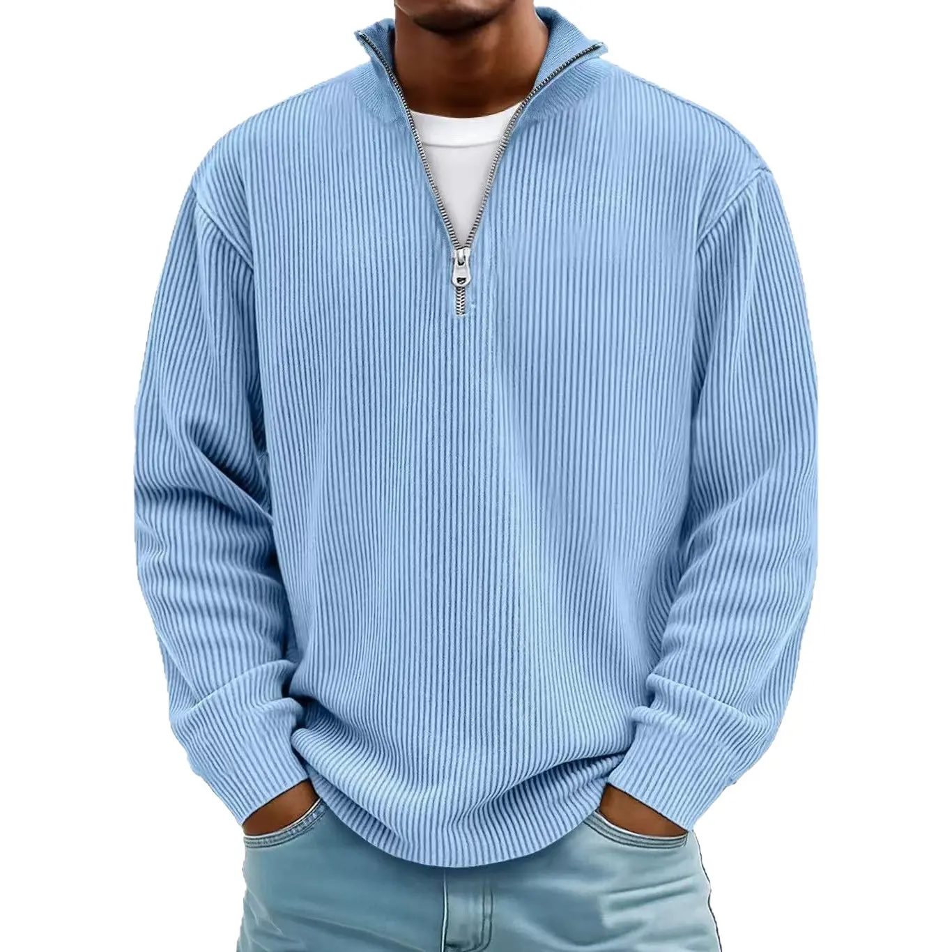 Men's Simple Fashion Casual Ribbed Stand Collar Zipper Long Sleeve Ribbed T-Shirt