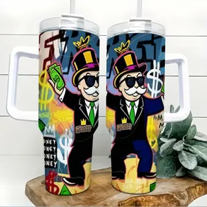 40oz Insulated Stainless Steel Travel Mug - Rich Money Cartoon Top Hat Cash Character Collage, Heat-Resistant Reusable Car Cup with Handle, Straw, Lid, Funny Wealth Theme Kitchenware Gift for Men