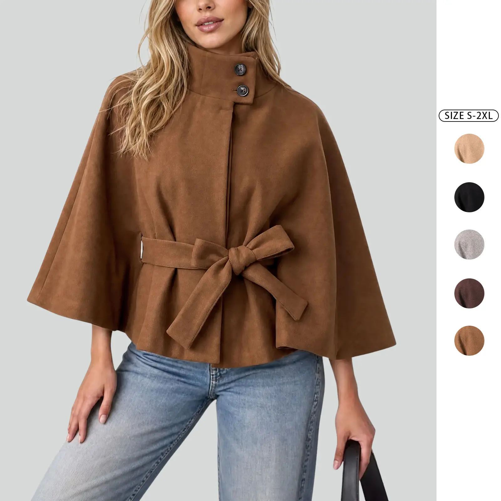 Imily Bela Women's High Neck  Cape Coat Cropped Belted Waist Tie Short Poncho Coat Casual Fall Outerwear S-2XL