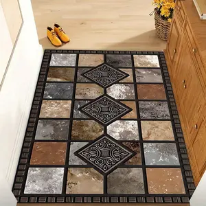 1pc flannel Washable Polyester Door Mat, Rubber Backing-Golden Diamond Velvet Welcome Mat, Red Stone and Tile Design, Suitable for Home, Garden and Living Space-Machine Made Entrance Rugs in Various Sizes Perfect for Farmhouse Decor