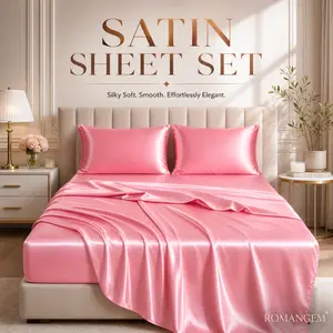 ROMANGEM 4 Piece Pink Satin Sheet Set, Silky Soft Microfiber Bedding, Deep Pocket Fitted Sheet, Flat Sheet & 2 Pillowcases, Luxury Bedroom Sheets Split King Cooling