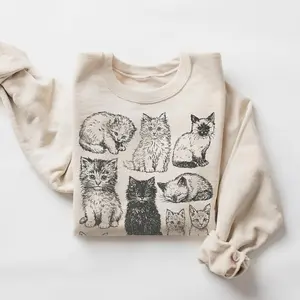 Vintage Cat Sweatshirt, Retro Kitten Graphic Pullover, Cozy Cottagecore Cat Lover Gift, 90s Style Oversized Crewneck, Cute Cat Mom Sweater