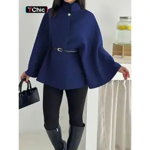 Women's Batwing Sleeve Cape Coat, Elegant Fall & Winter Jacket, Loose Fit Fashion Casual Stand Collar Windbreaker, Simple Design, Includes Belt