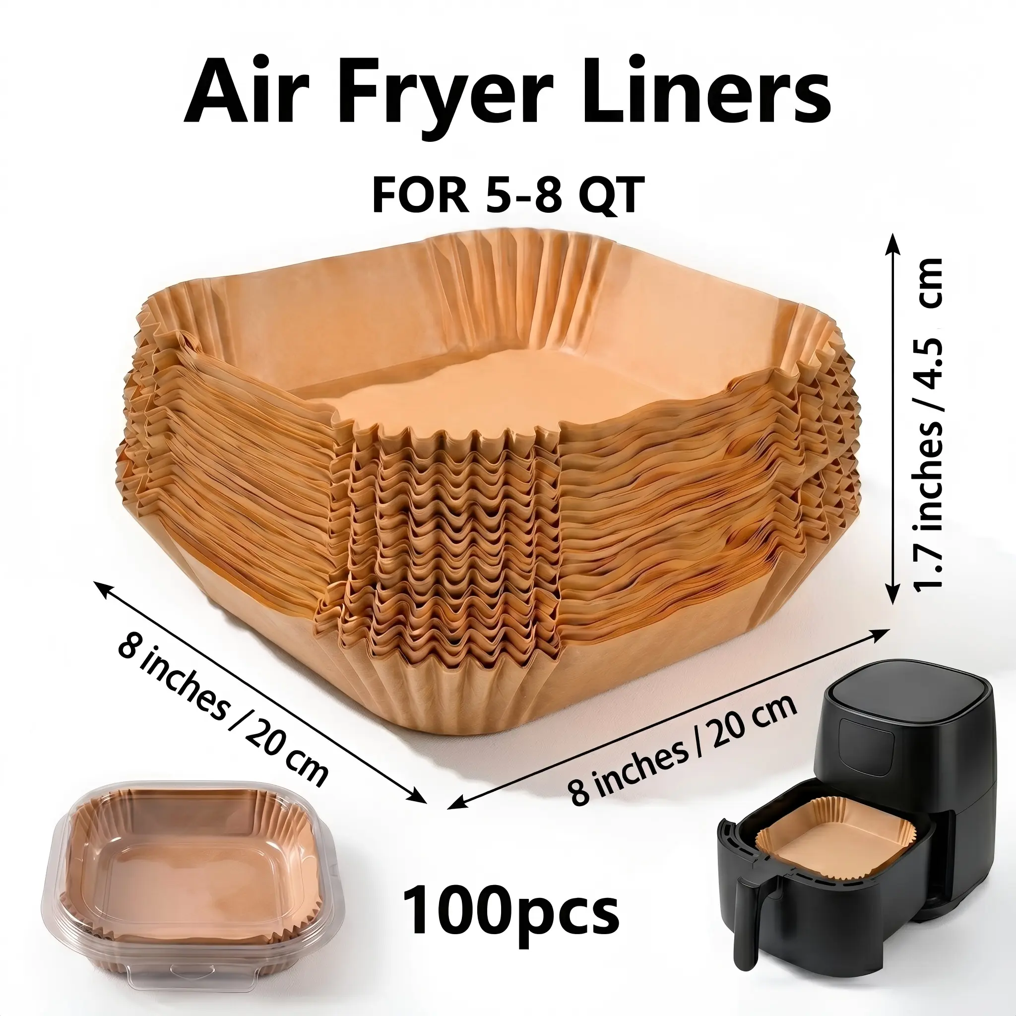 100pcs 8in Square Nonstick Air Fryer Basket Paper Liners - Thick Double-Sided Silicone Oil Disposable Parchments, 100% Waterproof Baking Supplies with Ultimate Greaseproof Performance, Superior Heat Resistance for 5-8 qt Air Fryers, Kitchen, Bakeware