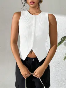 Women's Fitted Knit Ribbed Round Neck Sleeveless Vest, Split Hem Button Design, Fashionable Elegant Casual Minimalist Top for Daily Wear, Basic, Womenswear