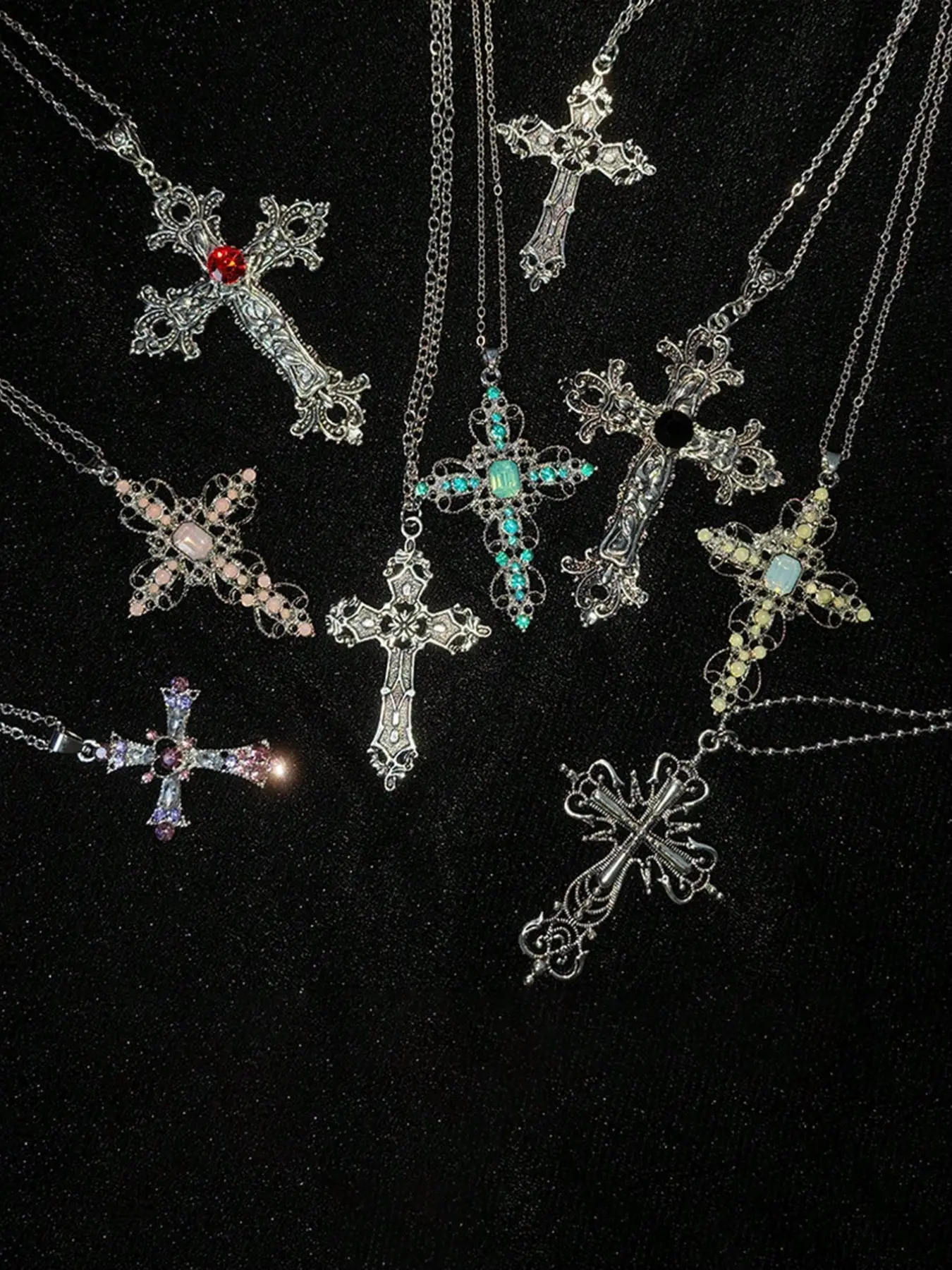Y2K Punk Imitation Crystal Large Cross Pendant Necklace Set, Unisex Gothic Irregular Cross Clavicle Chain, Aesthetic Jewelry, Zirconia Crucifix Pendant, Trendy Necklace, Pendants Necklace Chains