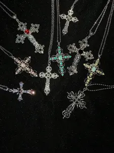 Y2K Punk Imitation Crystal Large Cross Pendant Necklace Set, Unisex Gothic Irregular Cross Clavicle Chain, Aesthetic Jewelry, Zirconia Crucifix Pendant