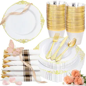 175 count  Plastic Plates - Disposable White  Party Plates & Pre Rolled Napkins with Cutlery for 25 Guests, 50Plates, 75Silverware, 25Cups, 25Napkin for Wedding & Party & Mother's Day