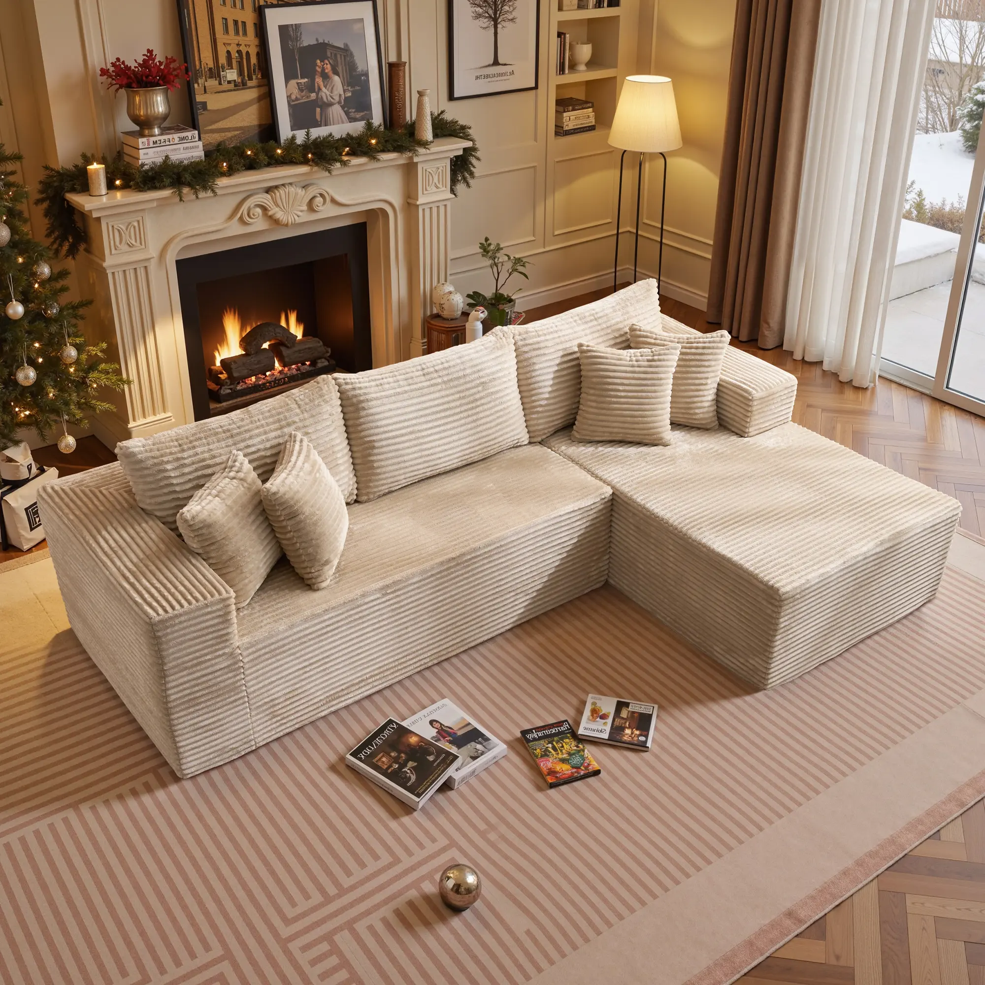 106" Beige L Shaped Sofa, Right Chaise