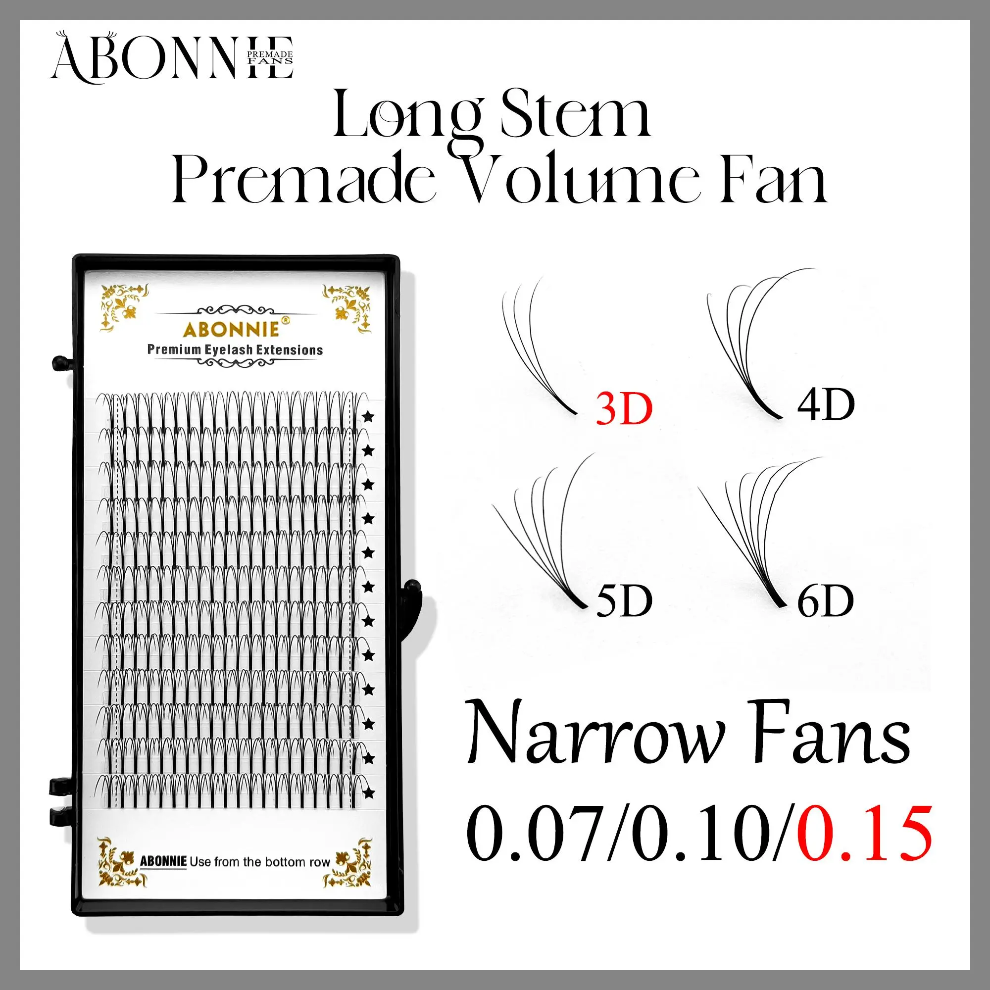 Abonnie 0.07/0.10/0.15 3D Premade Volume Fan Long Stem Russian Fans Pre made Extensions de cils 2026 New