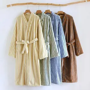 Striped Robe for Women Sleepwear Winter Nightdress Night Wears Warm Fleece Pajama One Piece Nightgown Pocket Sleeping Homewear