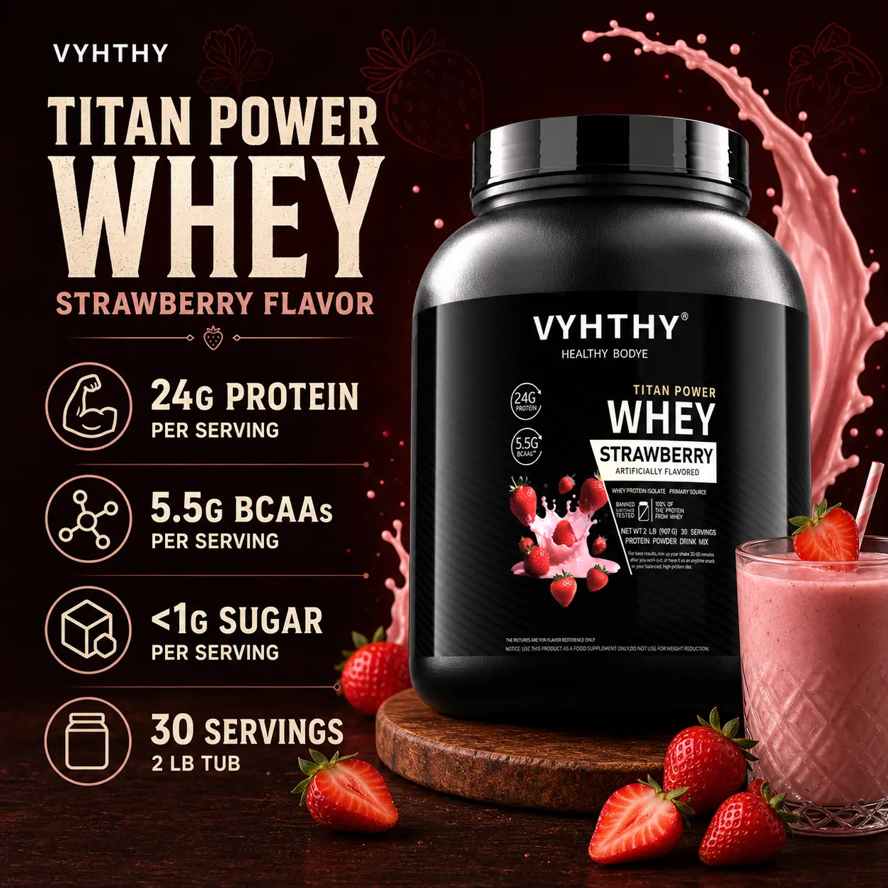 VYHTHY Whey Protein Powder - Strawberry Flavor, 24g Protein, 3.5g BCAAs, Sugar-Free, High-Quality Isolate & Concentrate Blend, Fitness Nutrition Supplement for Muscle Growth & Recovery