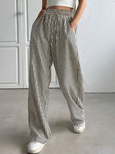 Women's Striped Casual Long Pants, High Waist Loose Fit Wide Leg Summer Thin Comfortable Vacation Style, Fashionable Daily Wear, Casual Lounge Pants