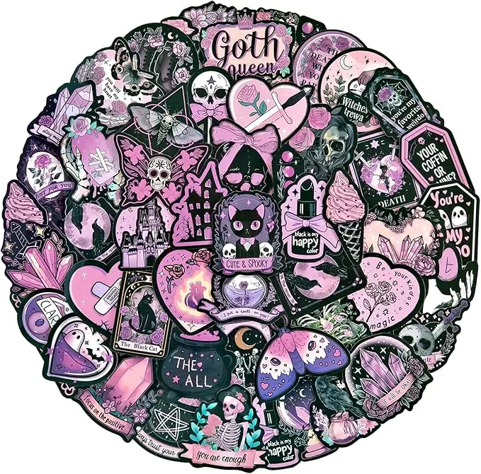 Dark Pink Goth Stickers - 50 Pcs Gothic Skull Witchy Waterproof Vinyl Stickers for Water Bottle, Laptop, Phone Case - Graffiti Aesthetic Stickers for Adults Girls & Teens