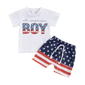 Toddler Baby Boys 4th of July Outfits Set American Boy Short Sleeve Letter T-Shirt Tops Stars Stripes Shorts Clothes Set