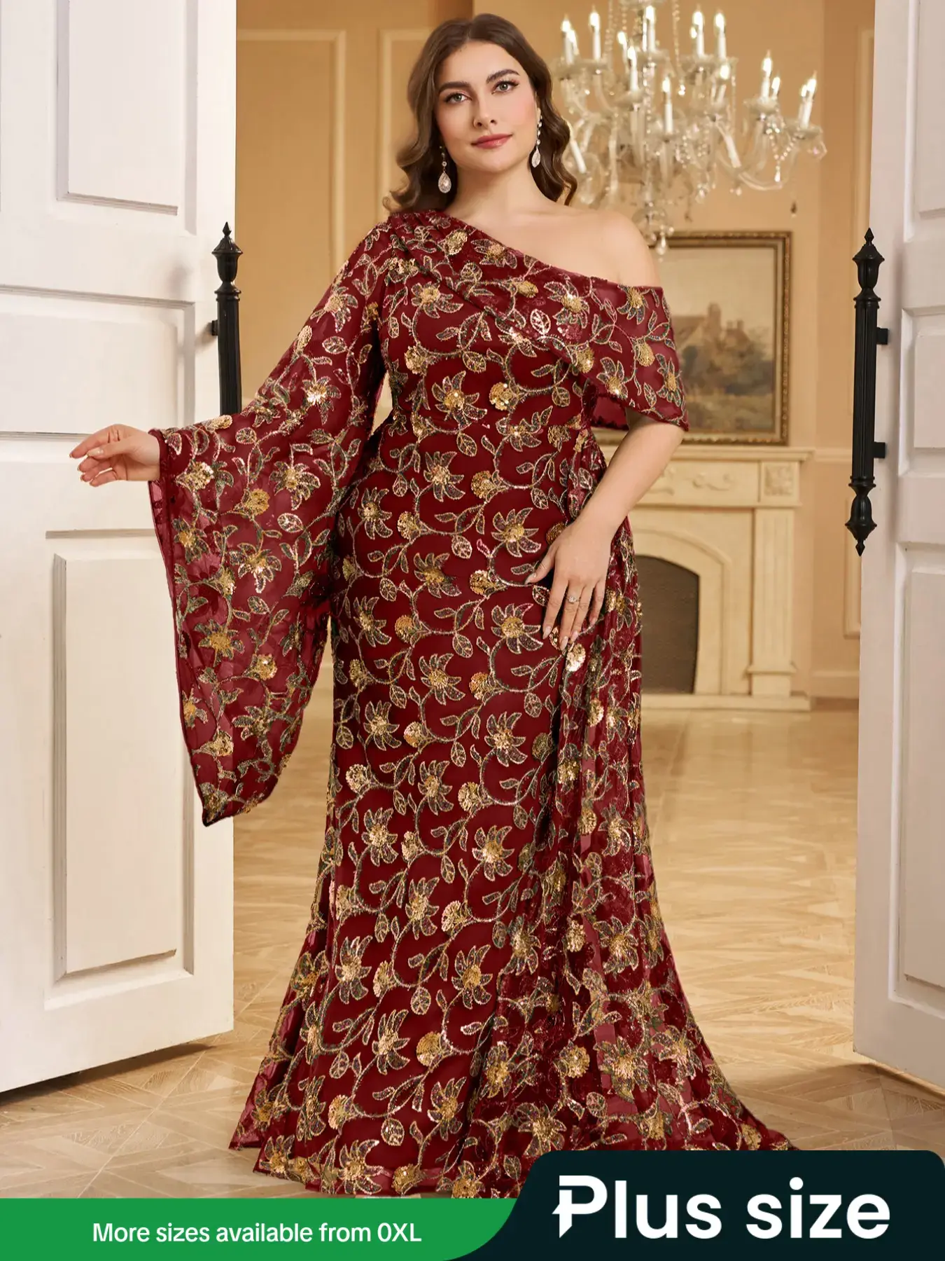 Elegant Chic Formal Evening Dress with Beaded Floral Embroidery, Asymmetrical Neckline, Flounce Sleeves, Ruffle Design, Perfect for Special Occasions Womenswear Garment