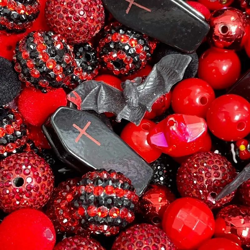 Vampire Themed DIY Luxury Bead Mix 16 to 20 mm with Red & Black Beads Coffins Bats Fuzzy Beads for Jewelry Beaded Choker DIY Crafts