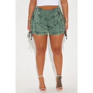 FASHION NOVA Women's Lace-Up Stretch Denim Shorts - Green