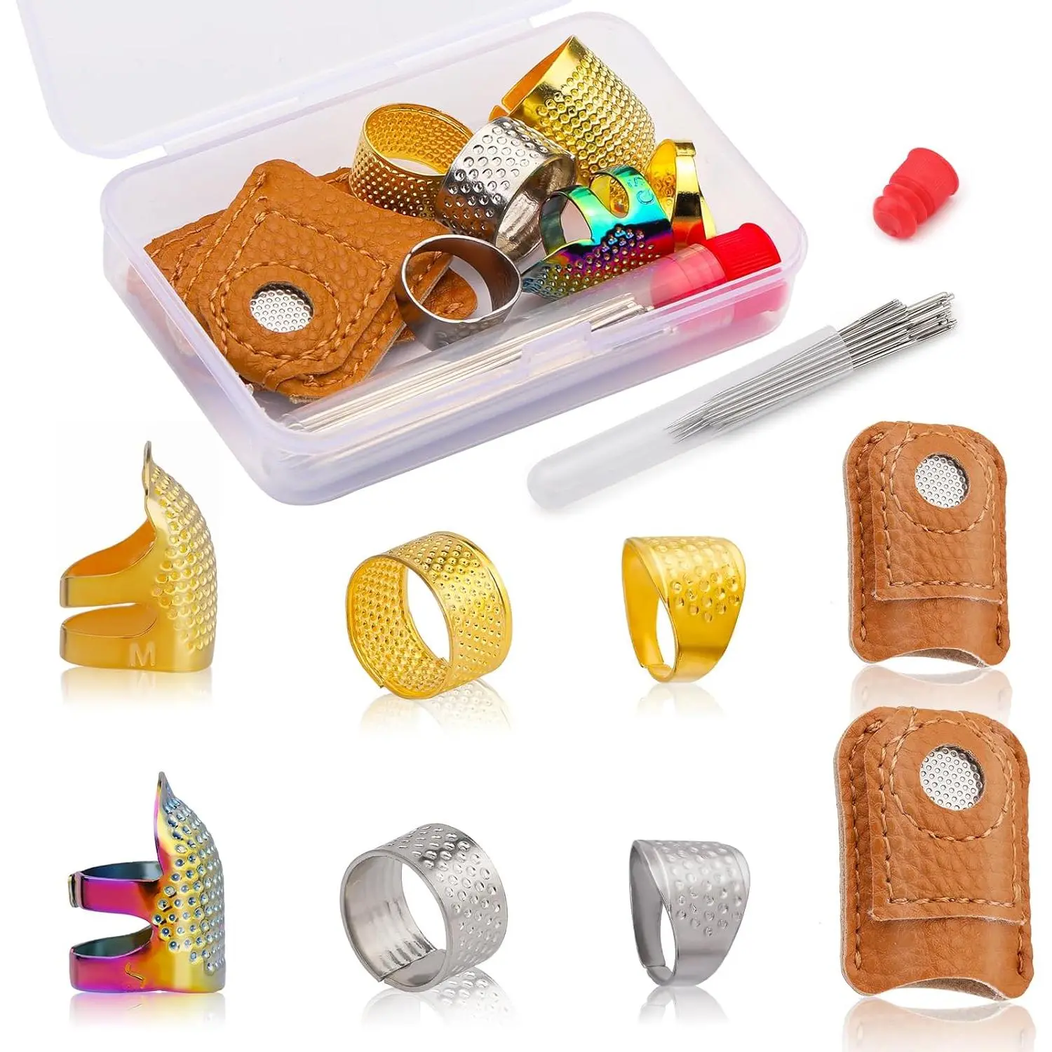 33 count Hand-Working Sewing Thimble Set, 23 count Large Eye Sewing  with Adjustable Metal Finger Shield Ring, Leather  Finger Protectors, Sewing Thimble Rings Cap for Knitting Quilting Craft
