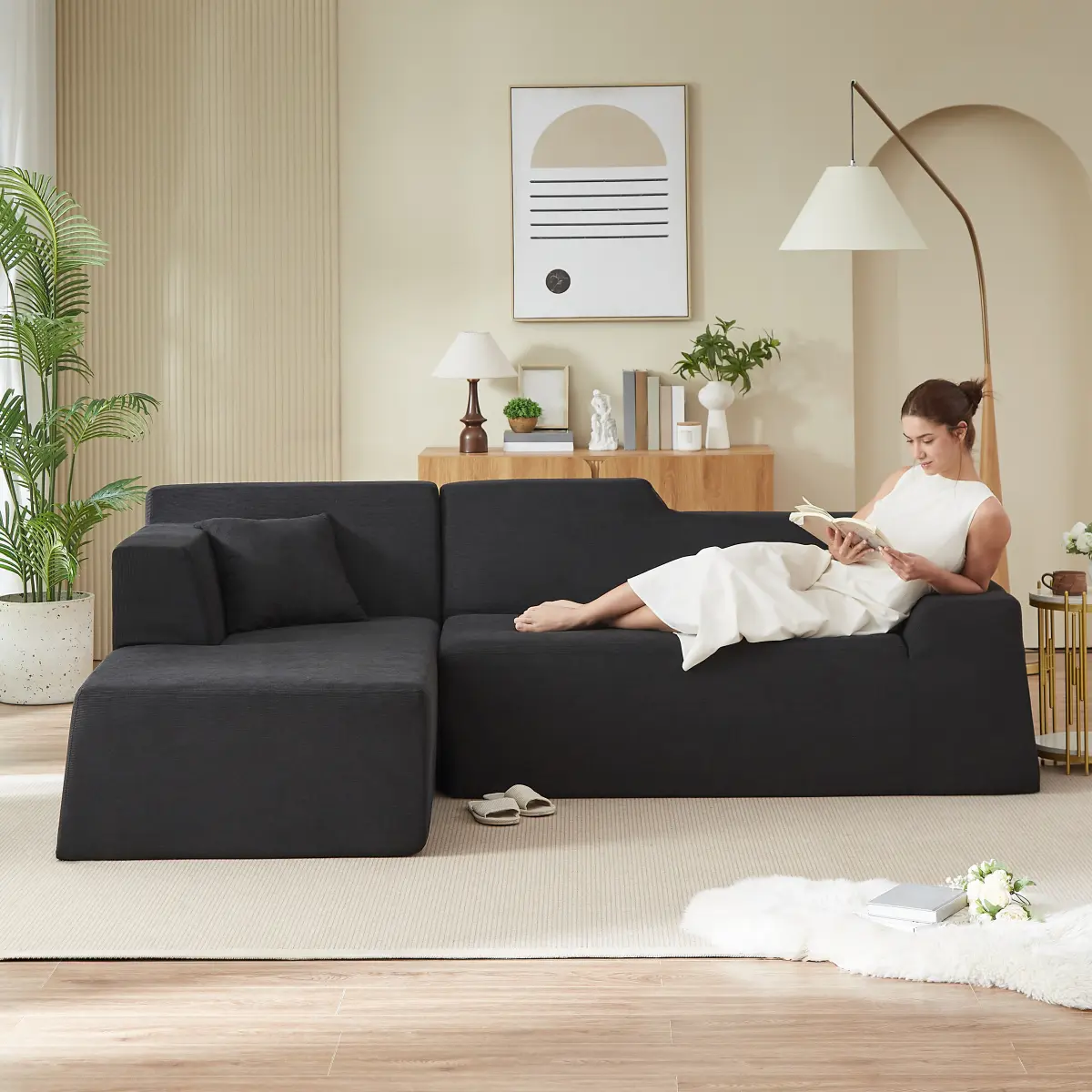 3-Seat Modern Sturdy L-Shaped Striped Corduroy High-Back Sectional Sofa - Fixed Arms, with Cushion, Thickened and Raised Backrest, Fully Assembled, Easy to Match with Home Styles, Durable Indoor Living Room Furniture