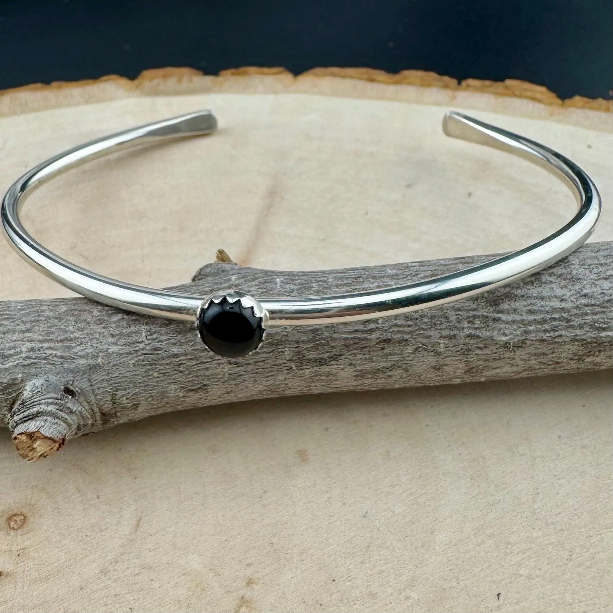 Black Onyx Cuff Bracelet • Sterling Silver • Minimalist Hand‑Forged Design