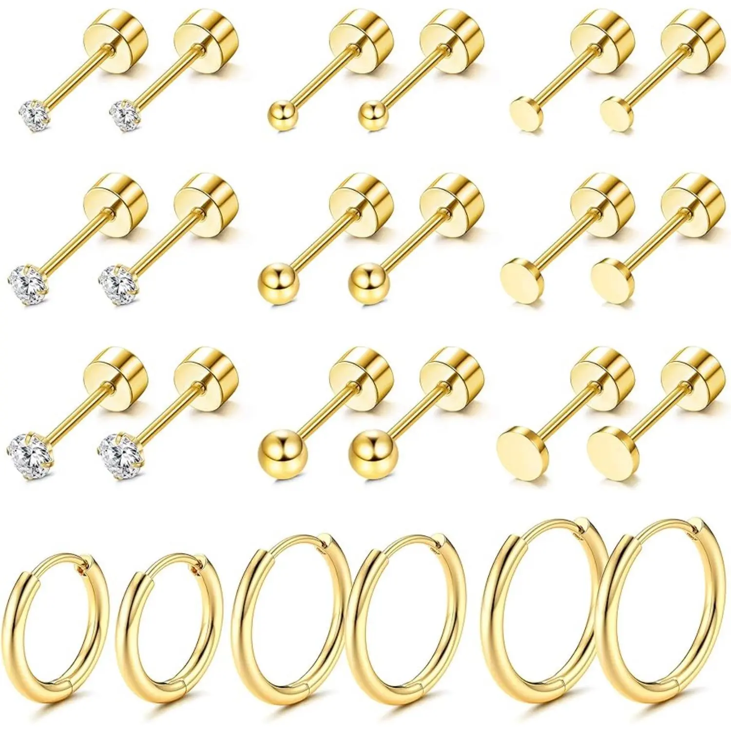 CASSIECA Plated Earring Stacking Set - Stainless Steel Tiny Studs, Small Huggie Hoops, CZ Ball Flat Back Earrings for Multiple Piercings, Tragus & Cartilage Daily Wear