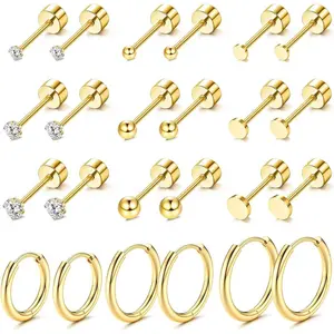 Cassieca  Plated Tiny Stud Earrings Stainless Steel Earring Sets for Multiple Piercings Small Huggie Hoop Earrings CZ Ball Flat Back Earrings Tragus Cartilage Earrings Daily