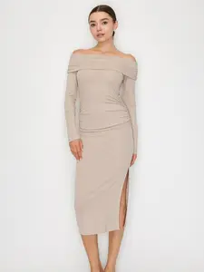 Elegant Women's Off Shoulder Ruched Slit Midi Dress in Rib Fabric for Casual Outings