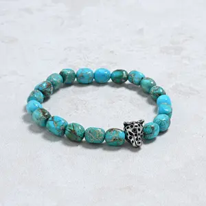 King Turquoise 7x9mm Natural Gemstone Stretch Bracelet with Panther Bead