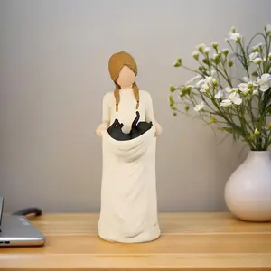 Cat & Girl Design Cute Resin Ornament, Hand Painted Cat Memorial Statue, Home Decor Decoration for Living Room Bedroom, Perfect Gift Choice