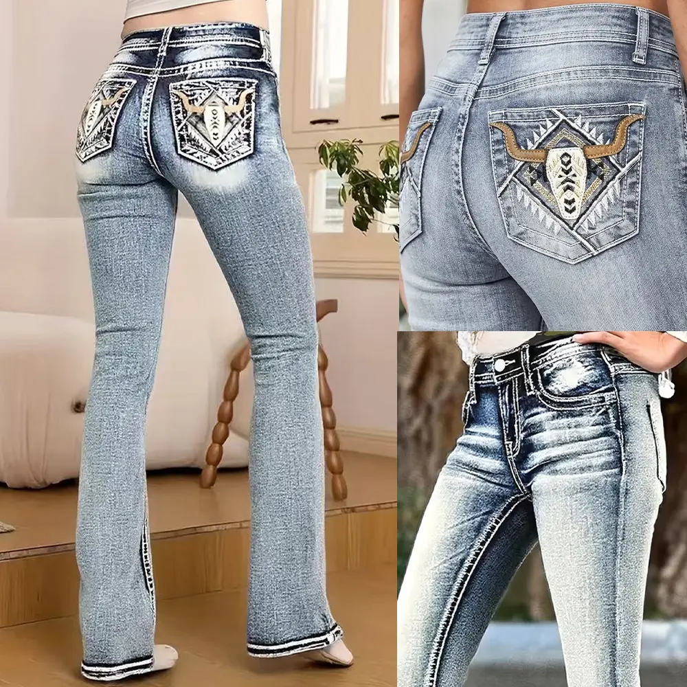 Women's 2026 Summer New Streetwear Washed Retro Bull Head Embroidered High-Waist High-Elasticity Denim Flared Pants Jeans, Bottom, Retro Street