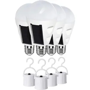4 Pack LED Solar Emergency Light Bulbs for Home Power Failure, E26/E27 7W Rechargeable Battery Backup Bulb, Hurricane Supplies for Home, White Daylight 6000k Outdoor Hiking Camping Light