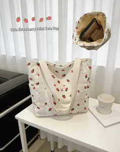 Women's Strawberry Pattern Tote Bag Fashionable Corduroy Canvas Handbag for Daily Use Large Capacity Casual Satchel Shoulder Bag