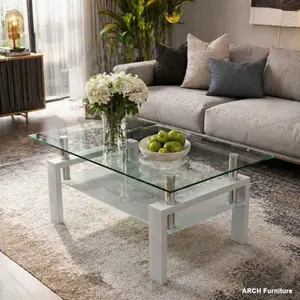Modern Arched Flat-Top Tempered Glass Coffee Table - 39.37x23.62in Double-Layered, White Metal Tubes, Self-Assemble, Furniture-Style Indoor Living Room Center Sofa Furniture, Furniture-Style Coffee Tables, Arched Coffee Tables