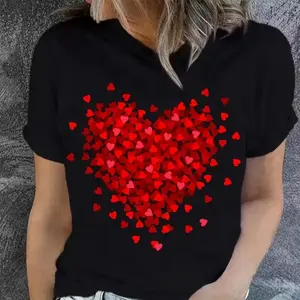 Heart Print T-shirt, Short Sleeve Crew Neck Casual Top For Summer & Spring, Women's Clothing