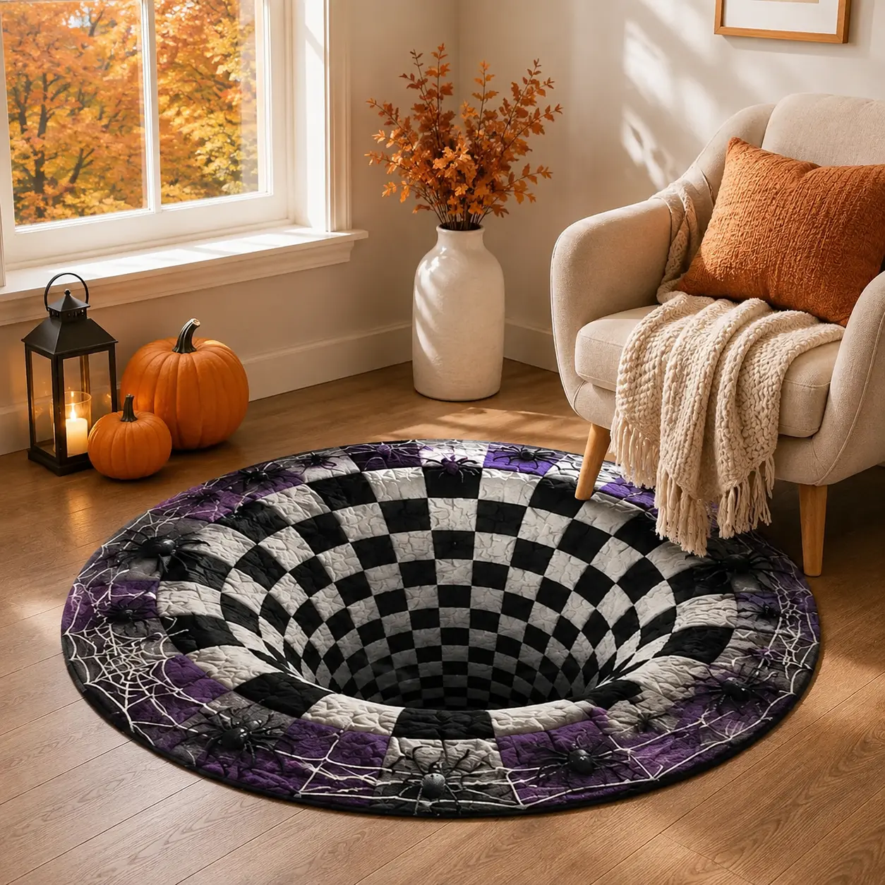 3D Checkerboard Spider Web Halloween Round Rug - Optical Illusion Bottomless Hole Floor Mat, Purple & Black Vortex Carpet for Living Room & Bedroom