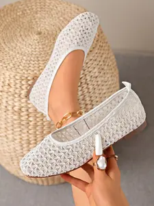 Women's Crochet Mesh Ballet Flats, Breathable Hollow Out Slip-On Shoes, Comfortable Soft Sole Walkers for Summer, Fashion Loafers for Ladies