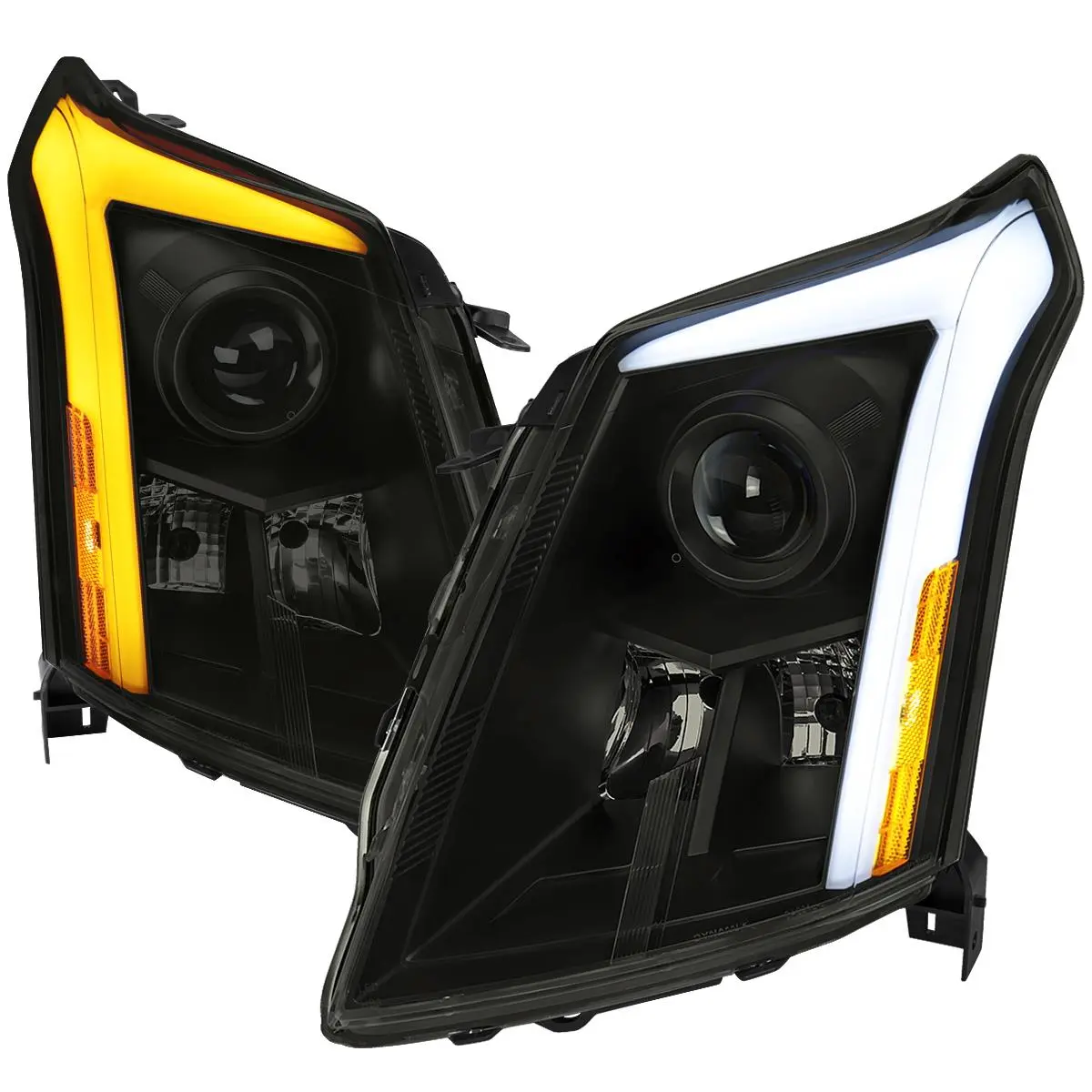 Spec-D Tuning Headlight Pair - Black Housing, Smoked Lens, Sequential Turn Signal, Breathing Light Effect, H11 Bulb, OEM Material, Fiber Optic Dynamic LED Strip, ISO Certified, Modern, 24 lbs, Depth: 28", Height: 14" for 2010-2016 Cadillac SRX