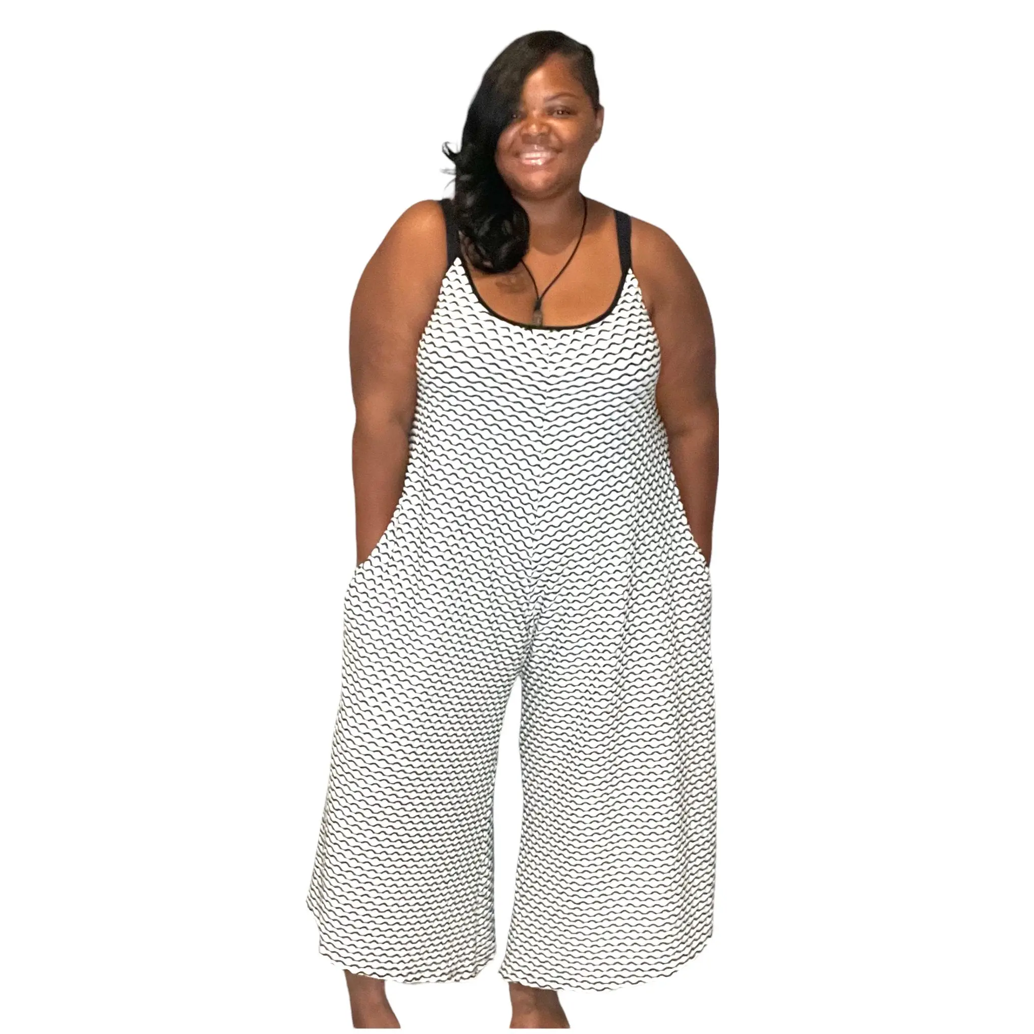 Lady's Fashion Casual Plus Size Wide Leg Overalls with Pockets - White, Black, Round Neck