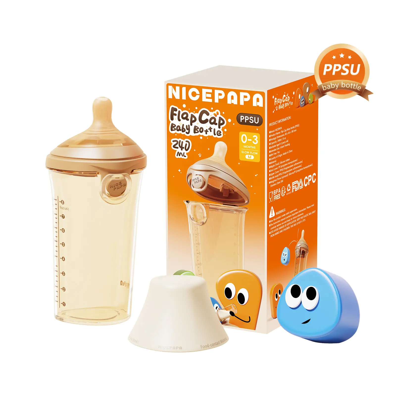 Nicepapa Natural Flow Anti-Colic Baby Bottle 8 oz/240 ml PPSU Material AirFree Vent Multi-Level Slow Flow Nipple for 0+ Months FDA-Certified BPA-Free - Newborn
